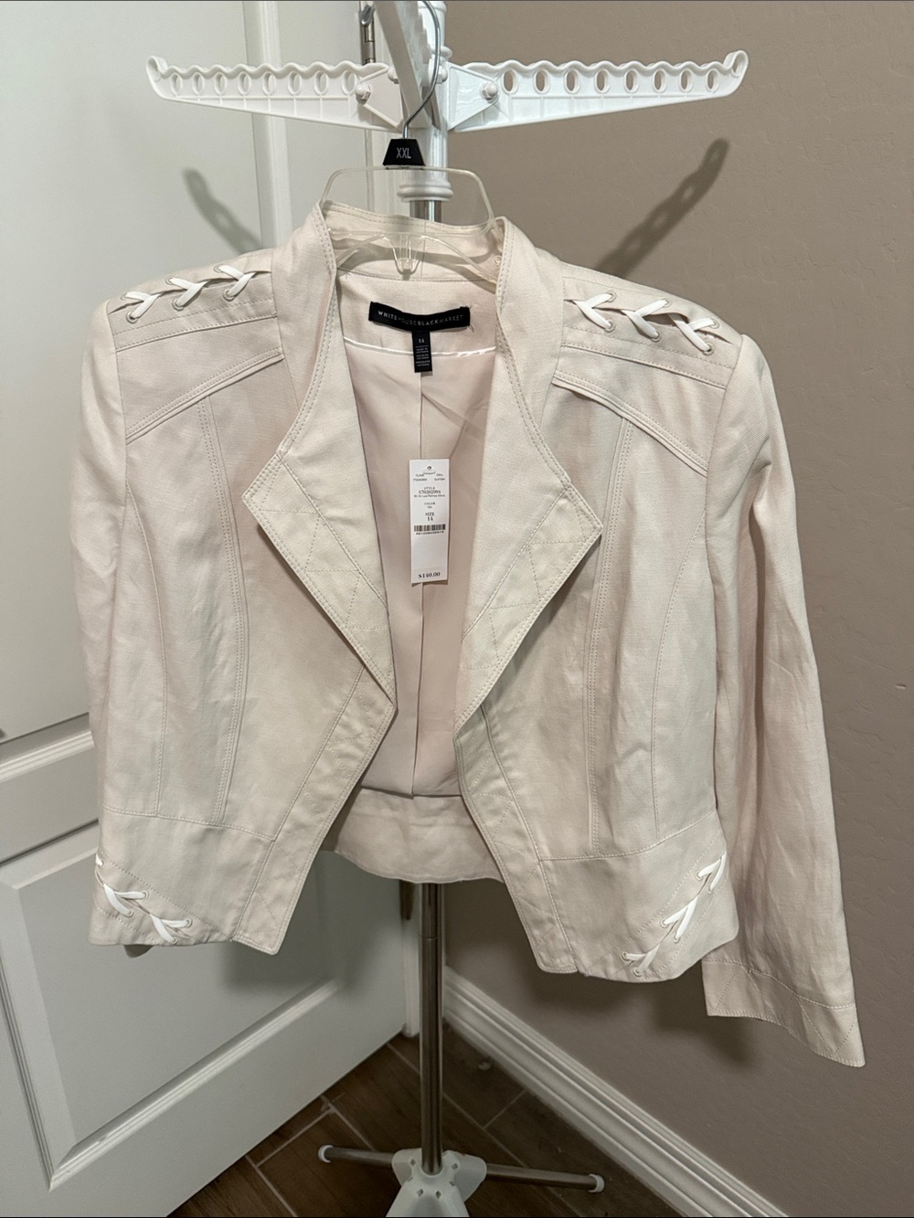 White House Black Market Light Cream Cropped Blazer with Lace-Up Trim